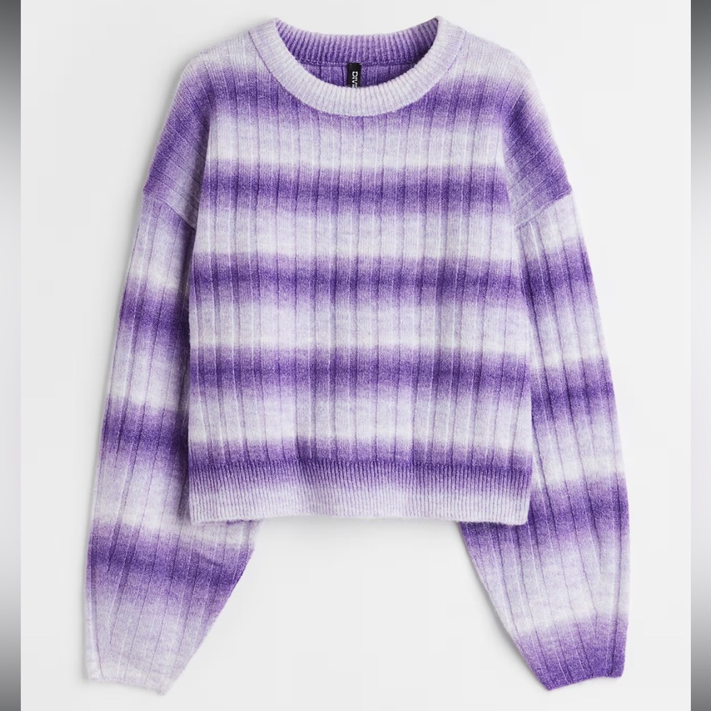 H&M Ribbed Knit Purple Ombré Stripe‎ Sweater Wool Blend Size Small Cropped Fit